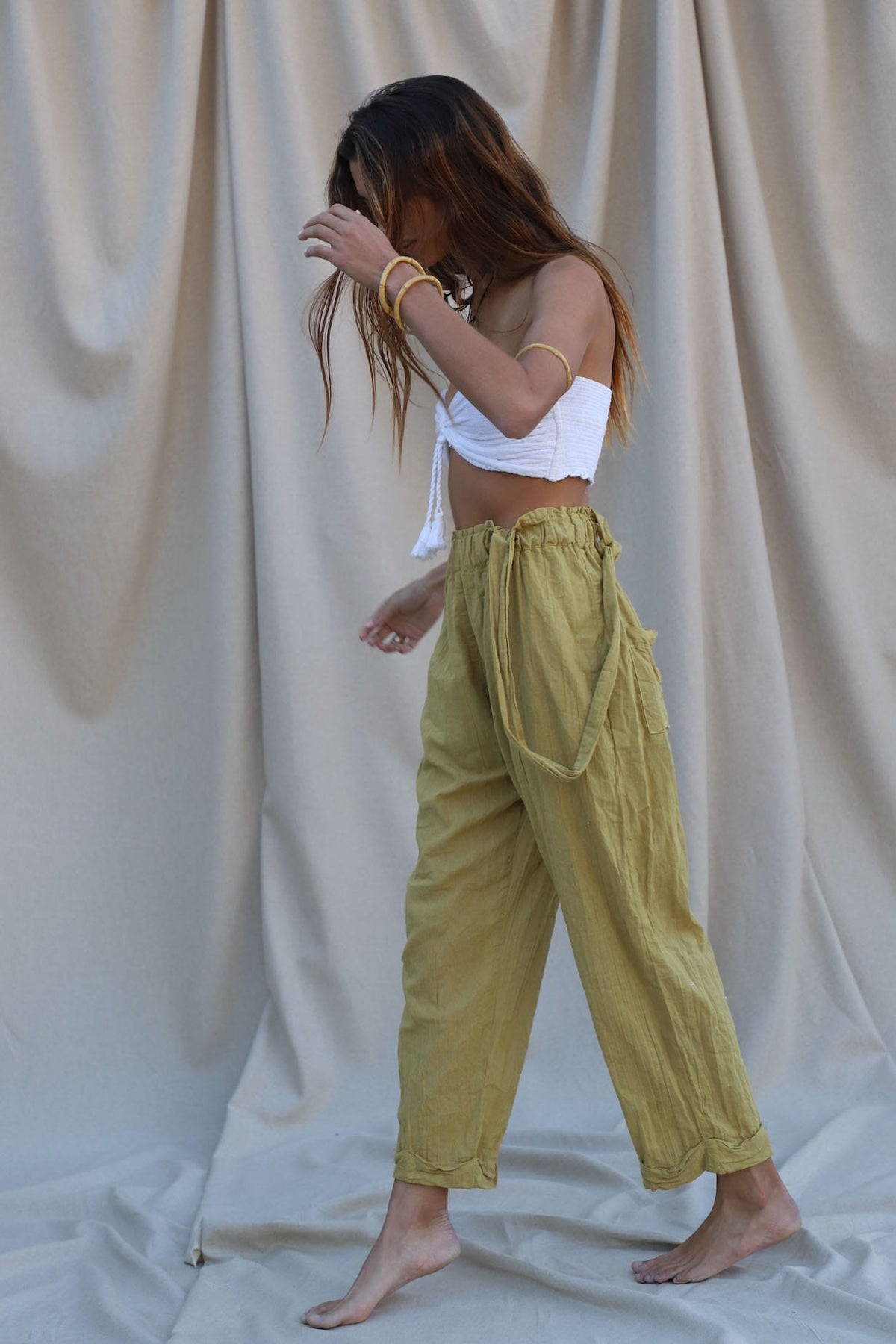 loose straight leg pant with suspender straps