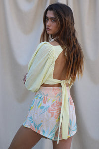 high rise floral shorts with smocked waistband