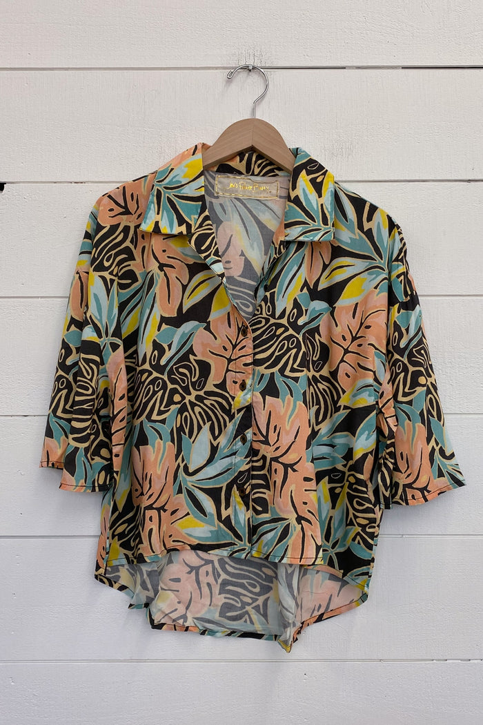 cropped palm print short sleeve button up top