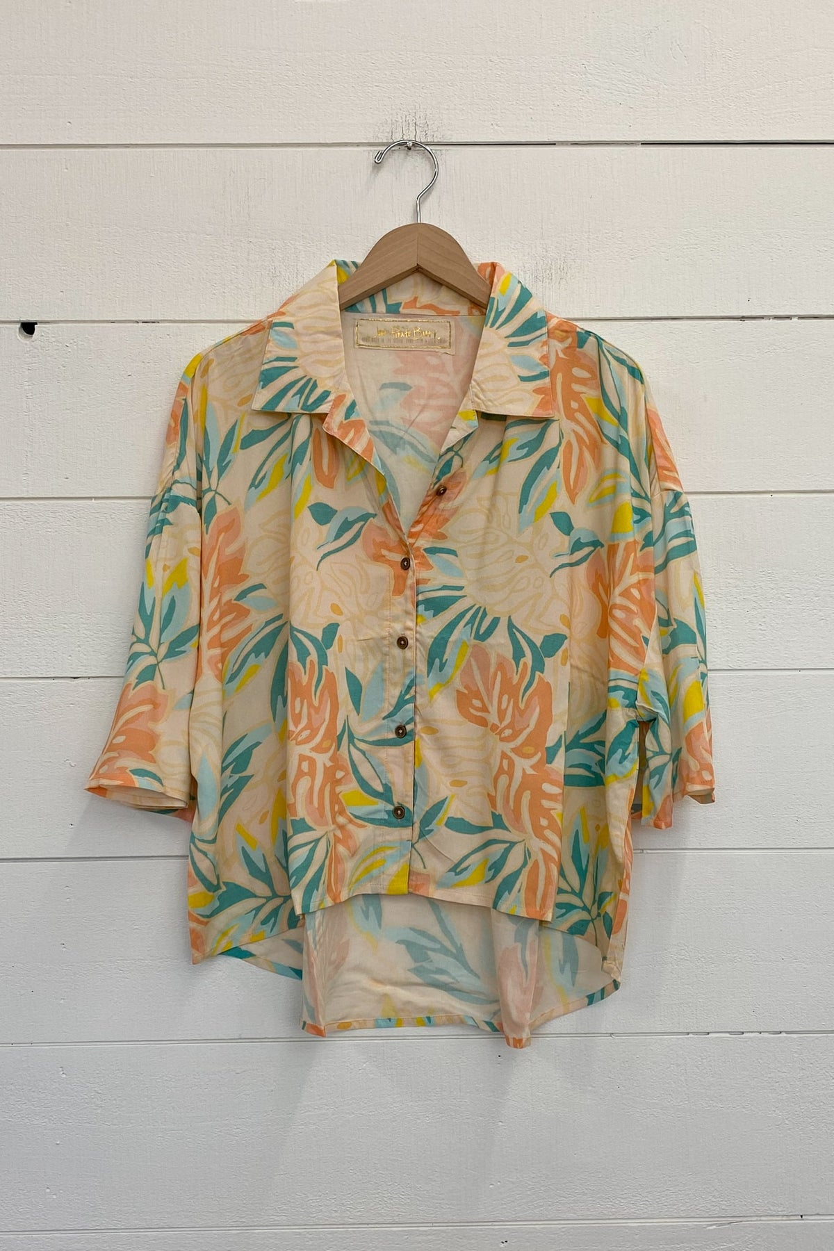 pink palm print button up top