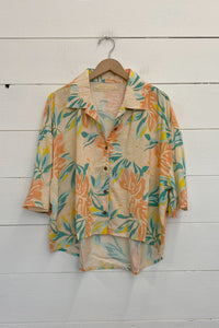 pink palm print button up top