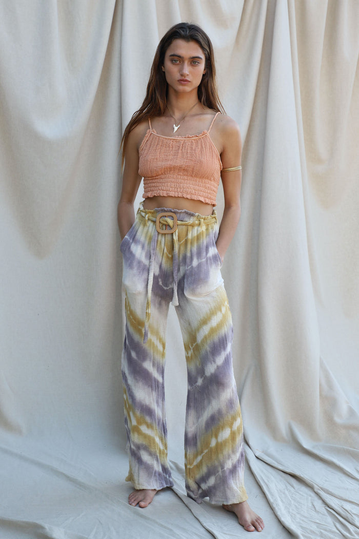 high rise paper bag waist purple, green, and natural tie dye pant