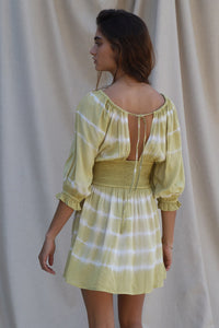 3/4 sleeve green and white tie dye mini dress with smocked waist detailing and a keyhole at back